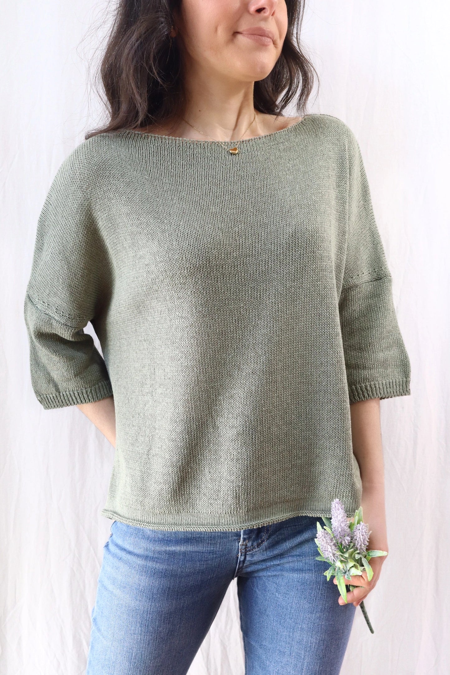 Maglia in Cotone con Maniche a Tre Quarti | Verde