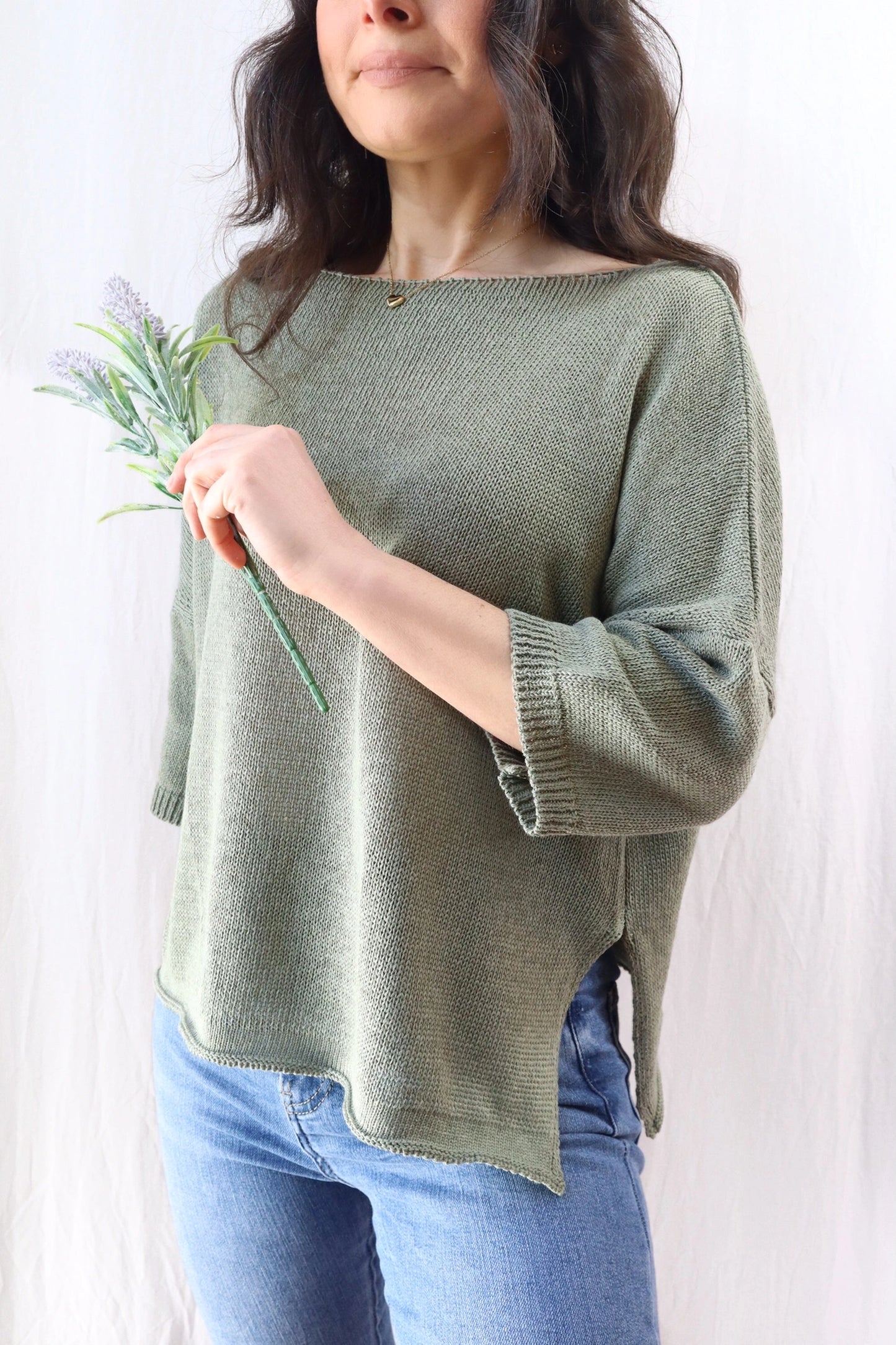 Maglia in Cotone con Maniche a Tre Quarti | Verde