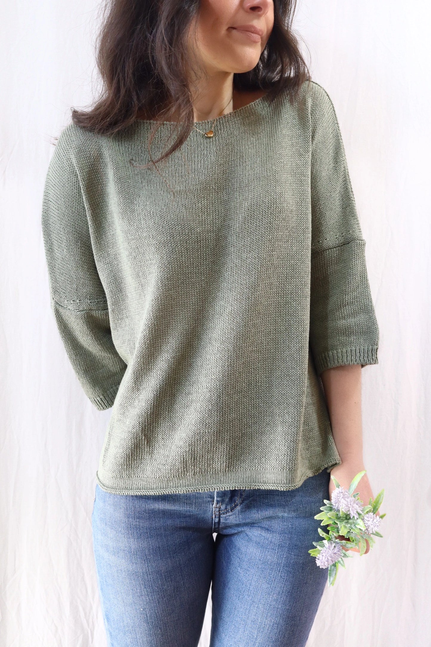 3/4-length-sleeve Cotton Sweater | Green