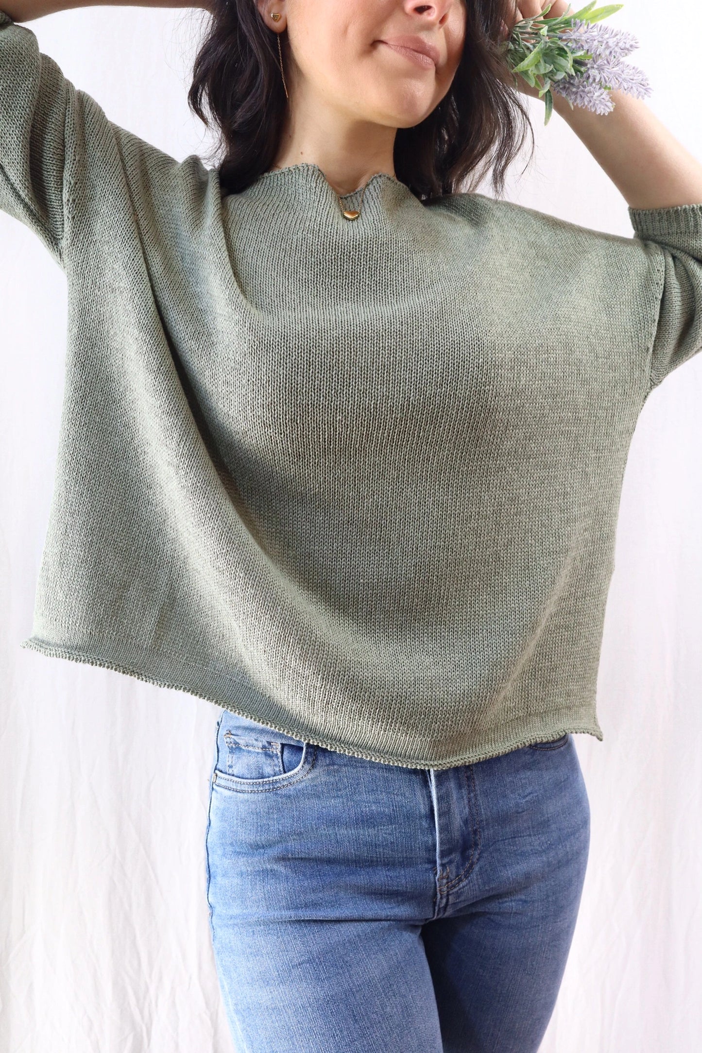 3/4-length-sleeve Cotton Sweater | Green