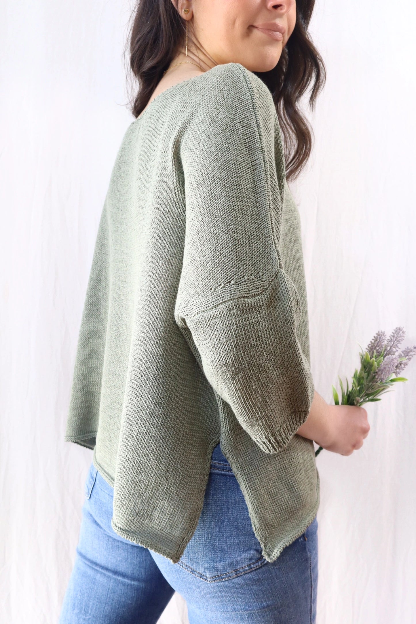 3/4-length-sleeve Cotton Sweater | Green