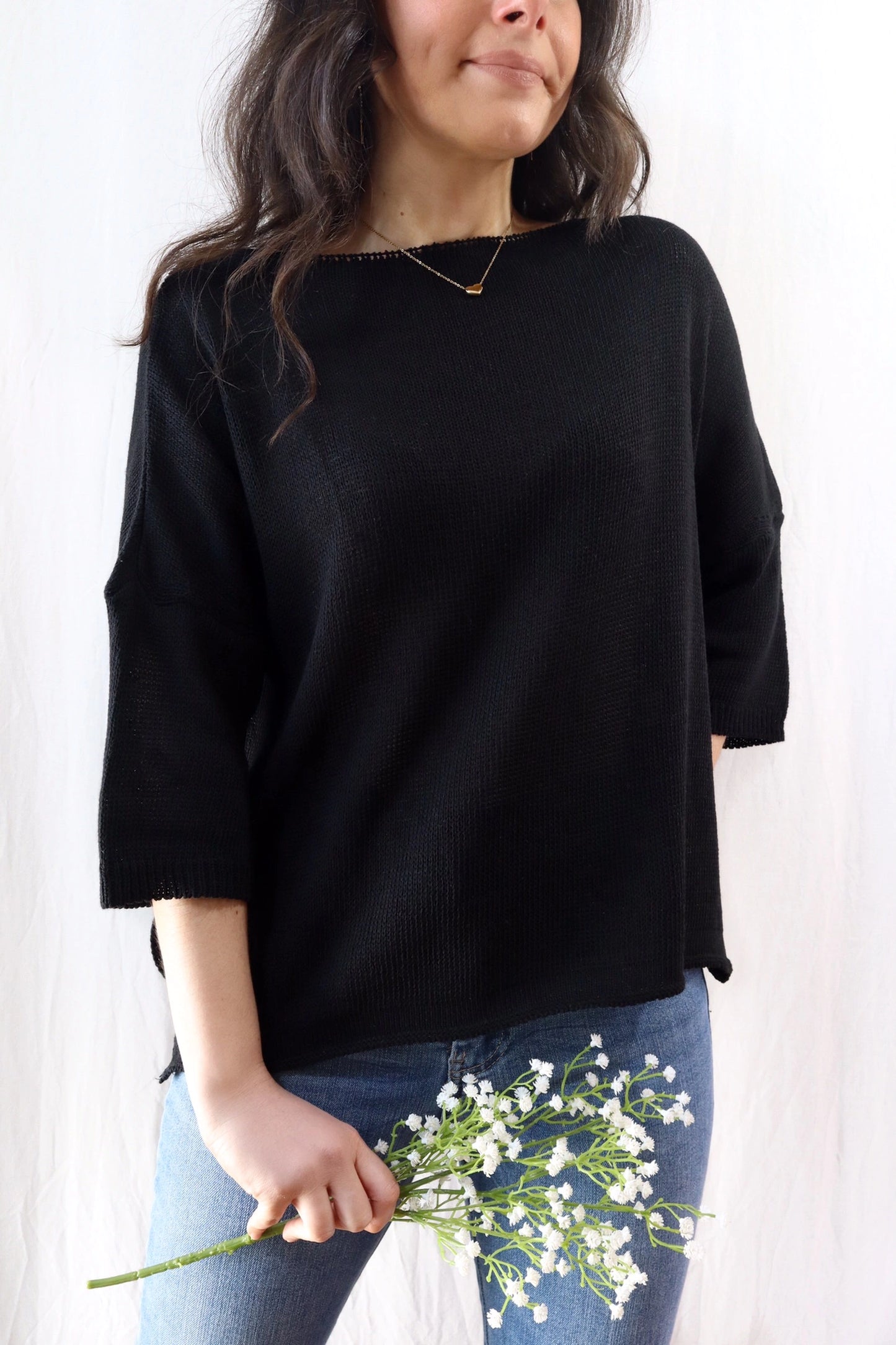 3/4-length-sleeve Cotton Sweater | Black