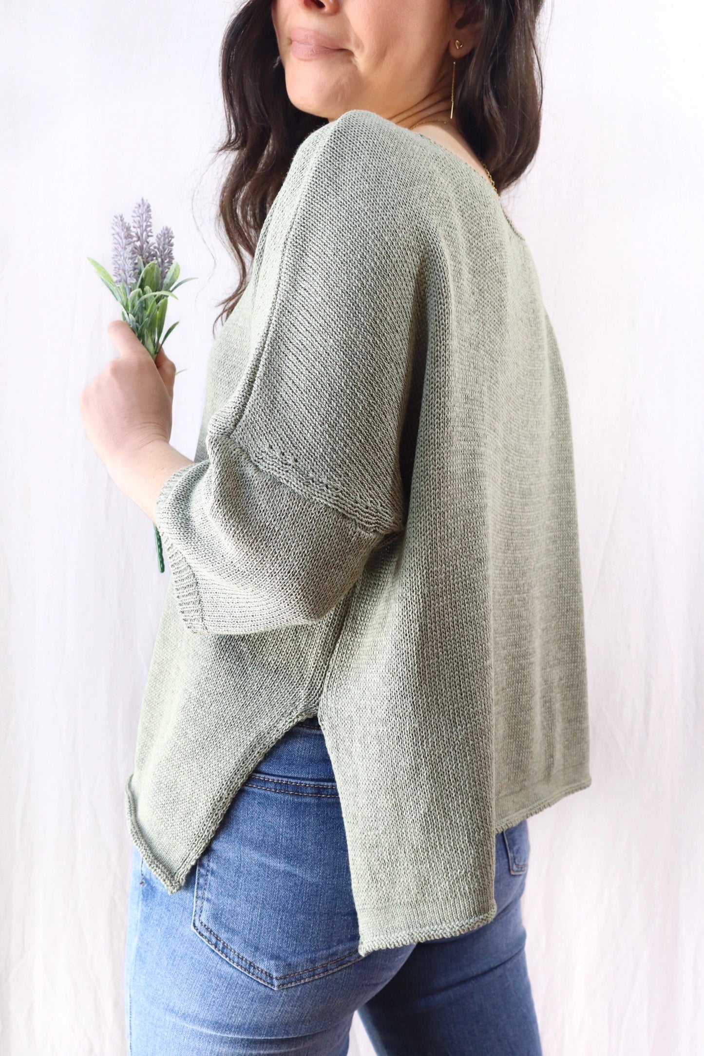 3/4-length-sleeve Cotton Sweater | Green