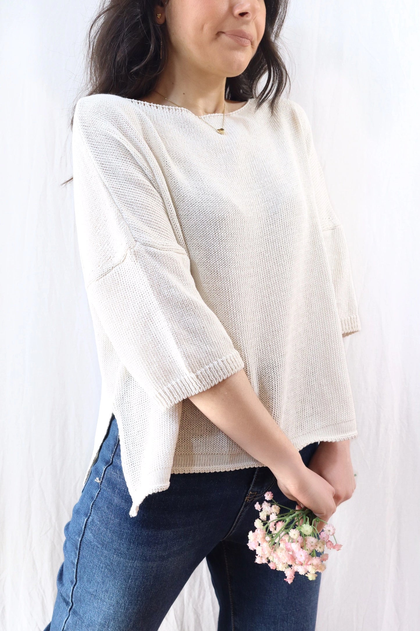 3/4-length-sleeve Cotton Sweater | Light Beige