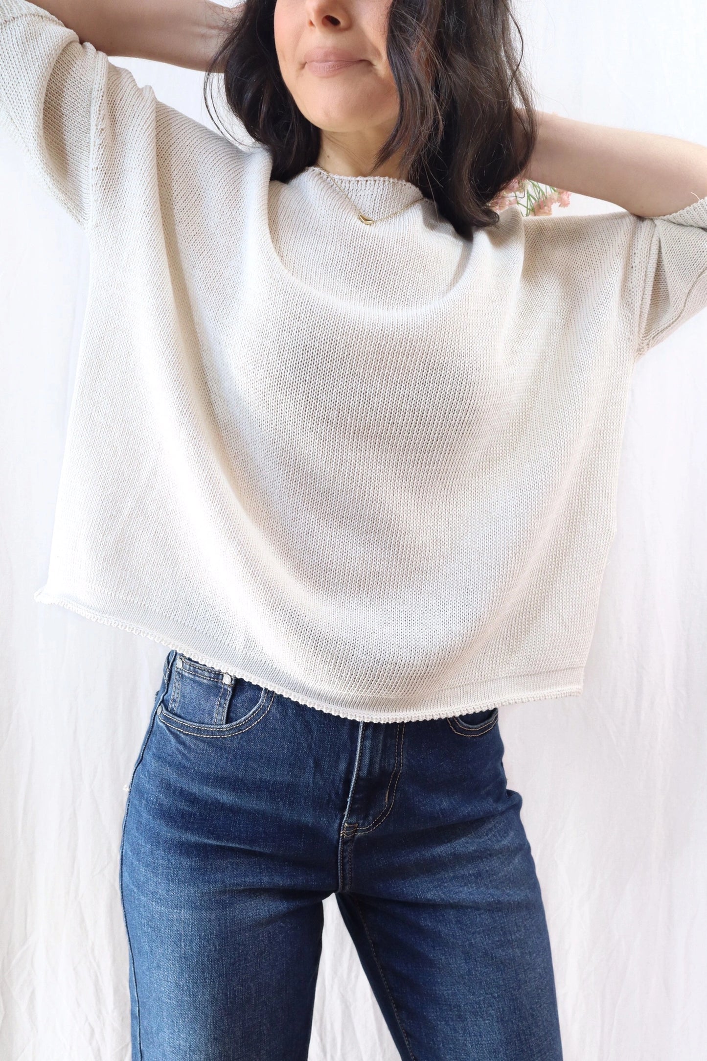 3/4-length-sleeve Cotton Sweater | Light Beige