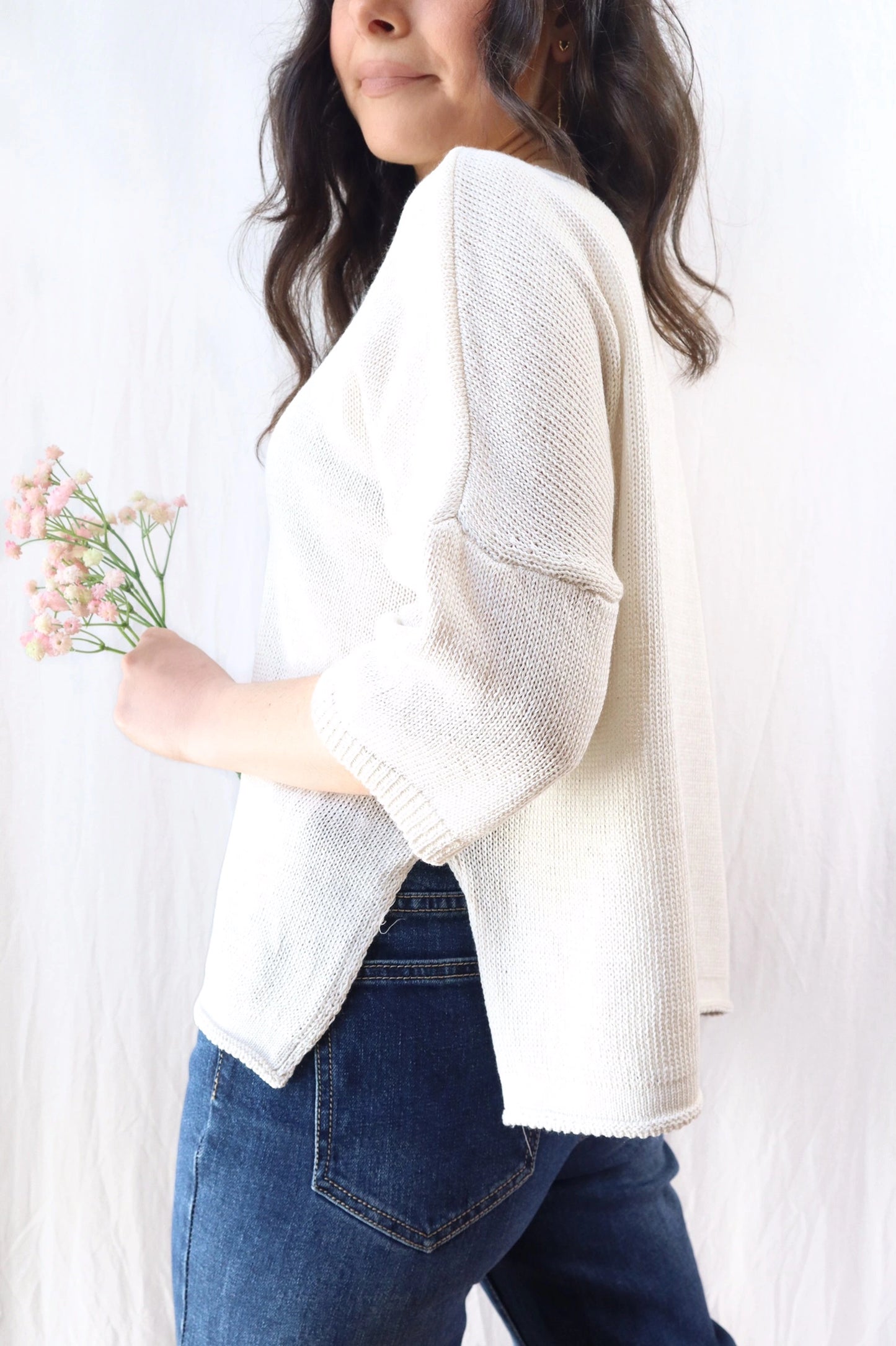 3/4-length-sleeve Cotton Sweater | Light Beige