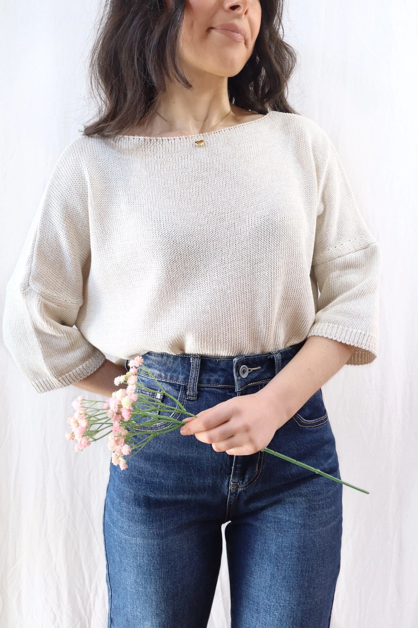 3/4-length-sleeve Cotton Sweater | Light Beige