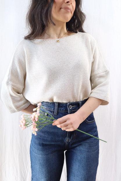 3/4-length-sleeve Cotton Sweater | Light Beige