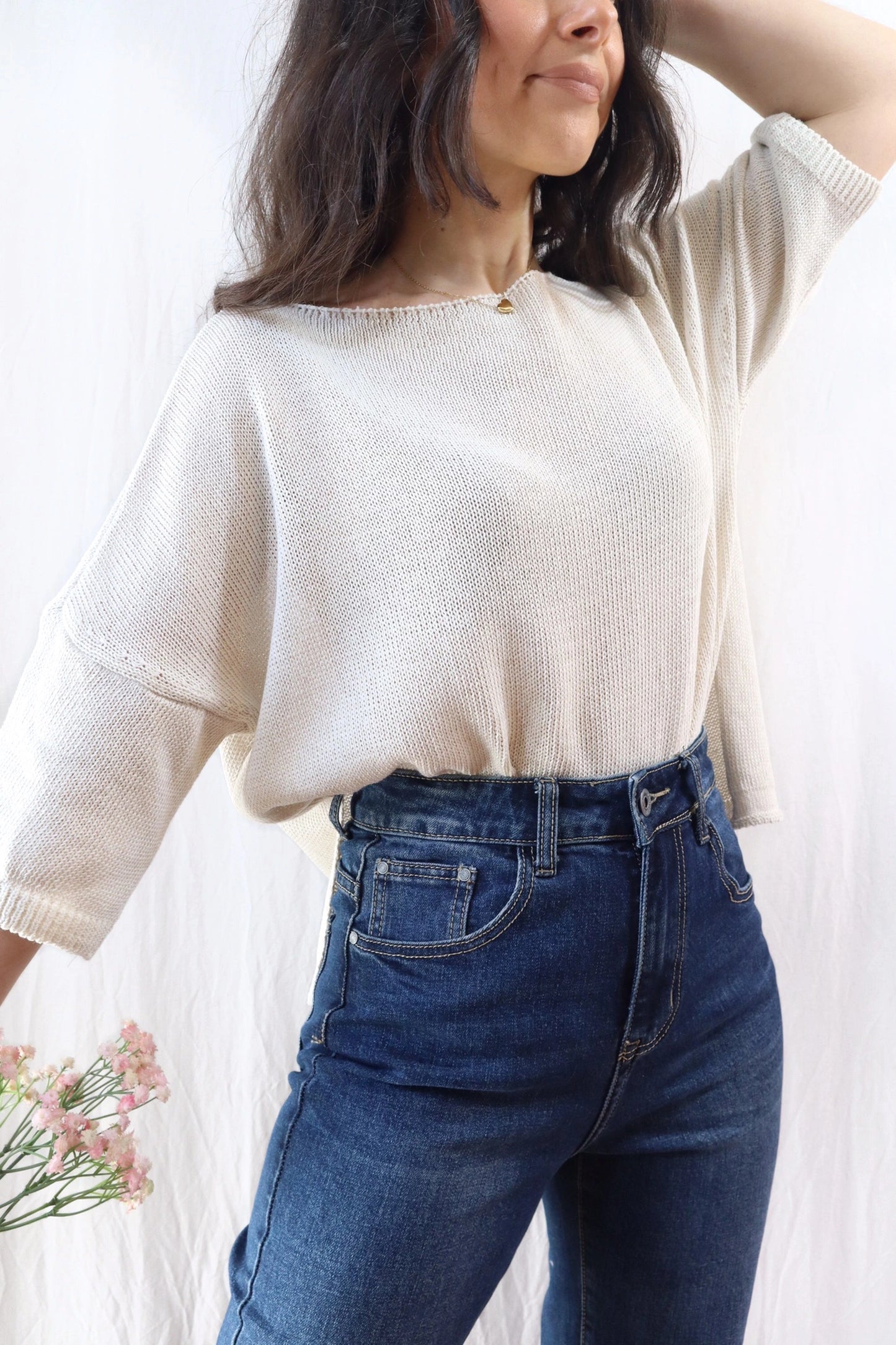 3/4-length-sleeve Cotton Sweater | Light Beige