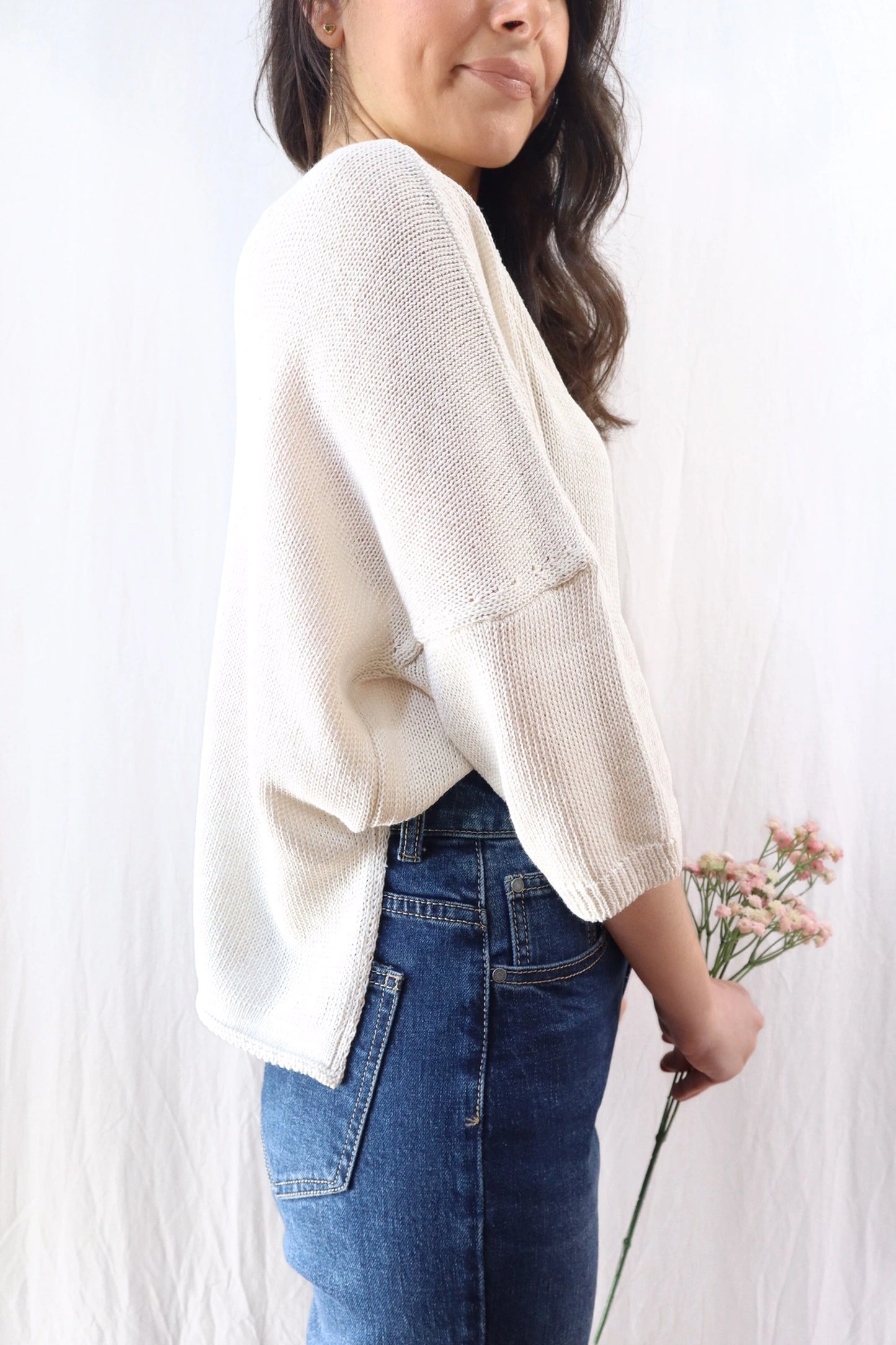 3/4-length-sleeve Cotton Sweater | Light Beige