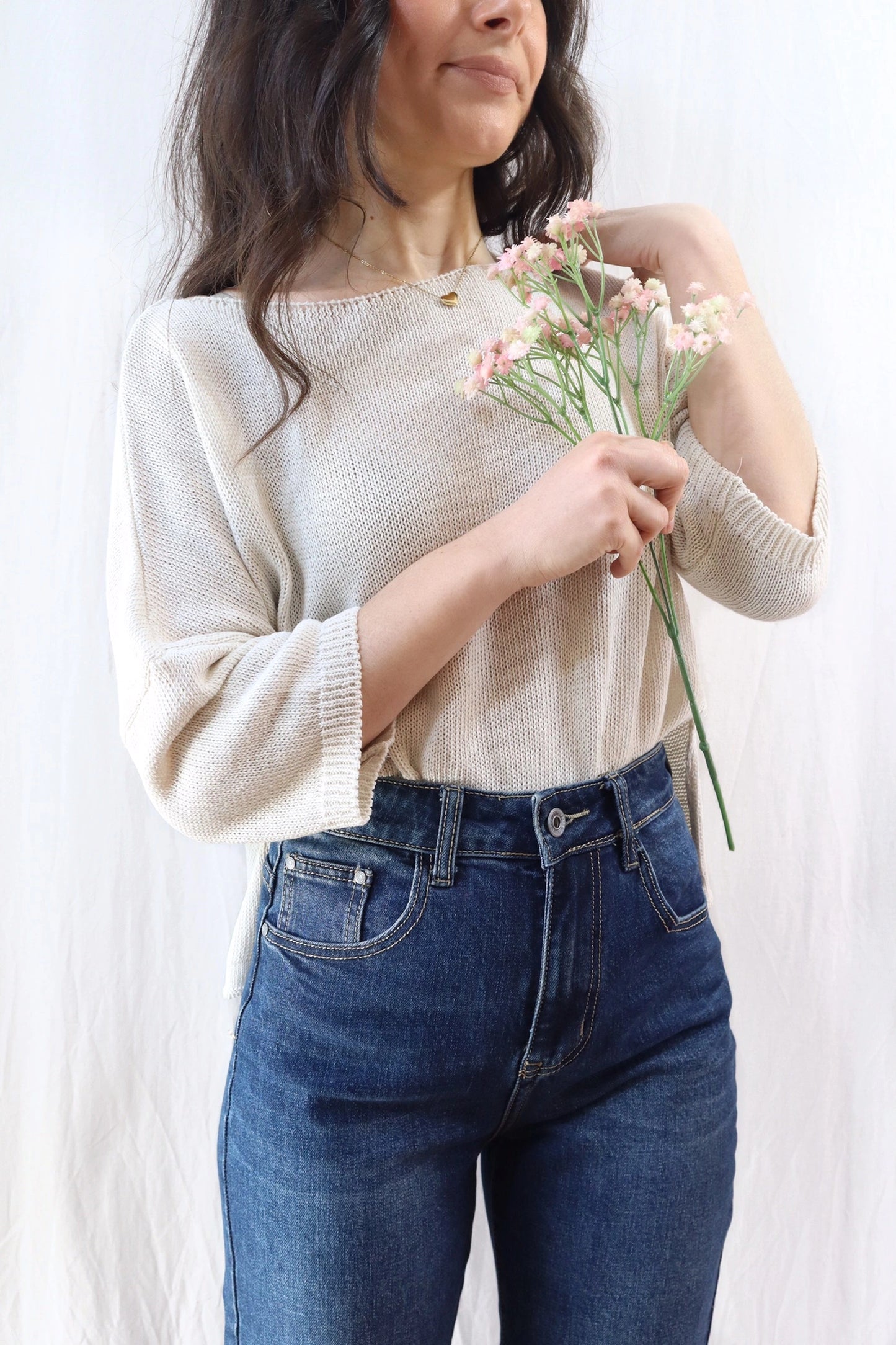 3/4-length-sleeve Cotton Sweater | Light Beige