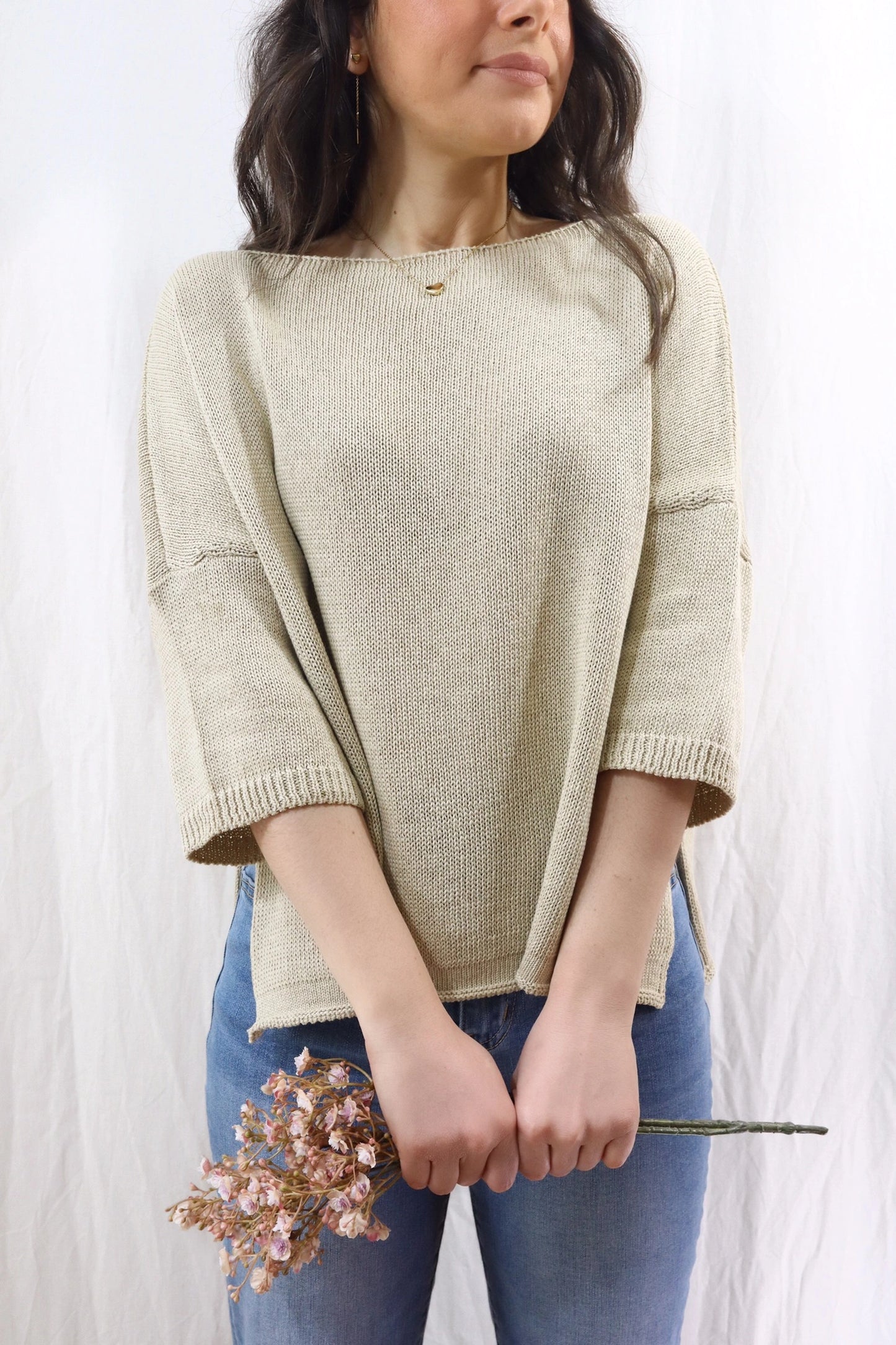 3/4-length-sleeve Cotton Sweater | Beige