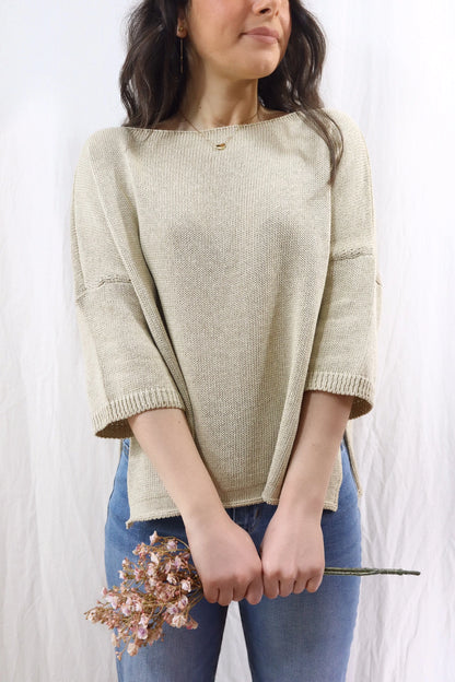 Maglia in Cotone con Maniche a Tre Quarti | Beige