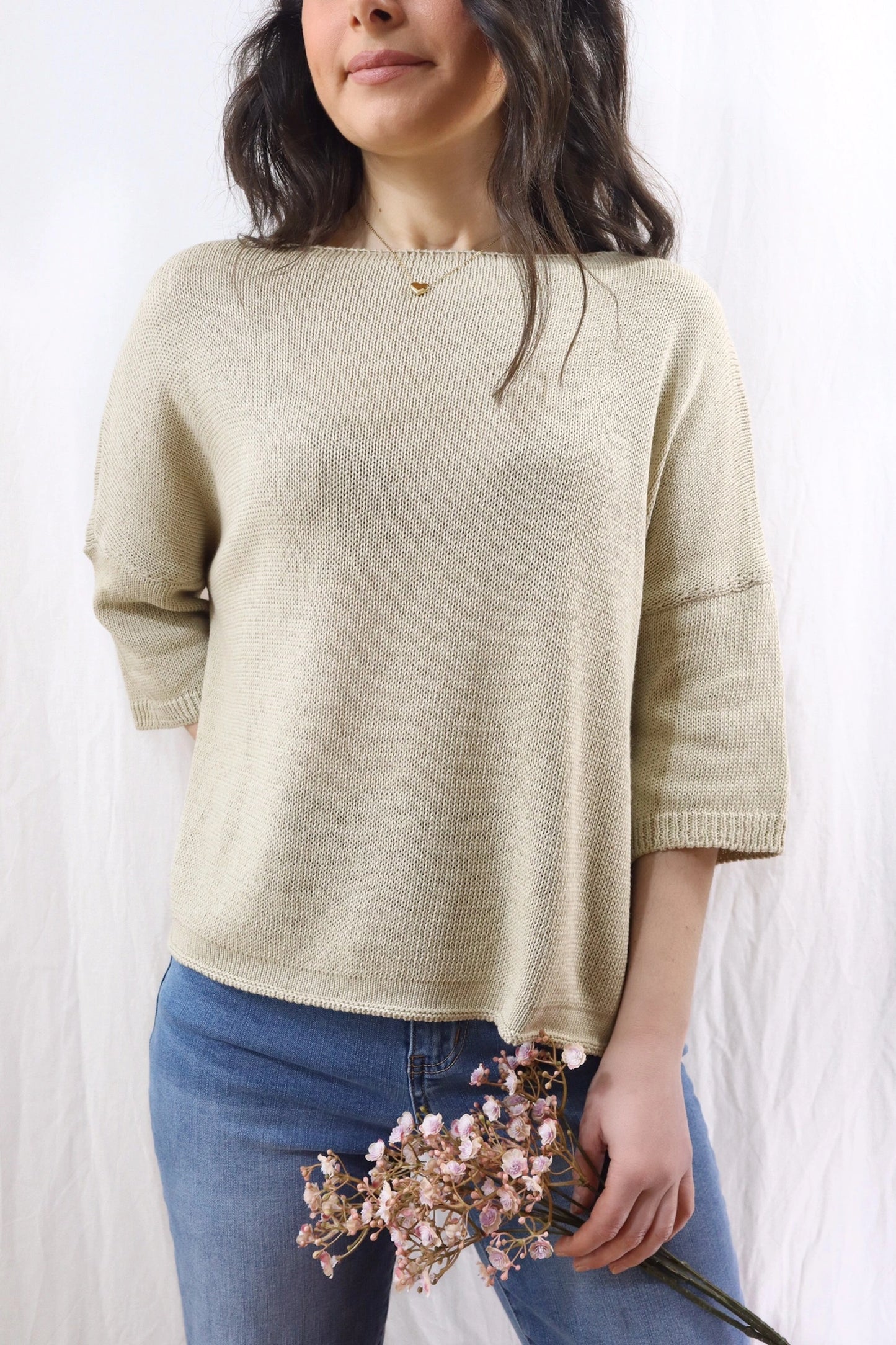 3/4-length-sleeve Cotton Sweater | Beige