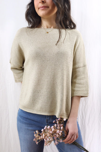 Maglia in Cotone con Maniche a Tre Quarti | Beige