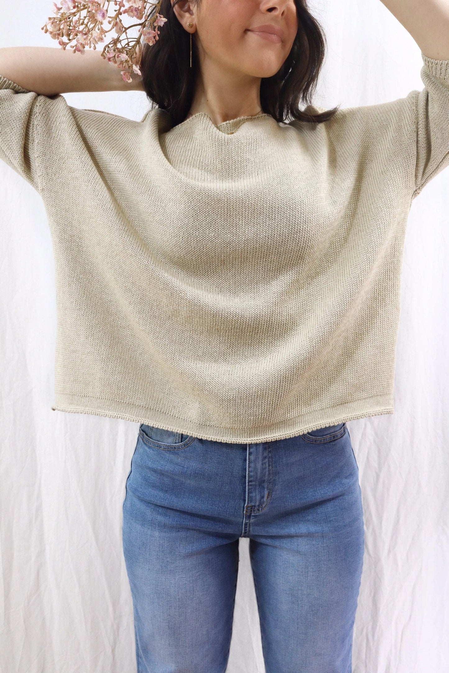 Maglia in Cotone con Maniche a Tre Quarti | Beige