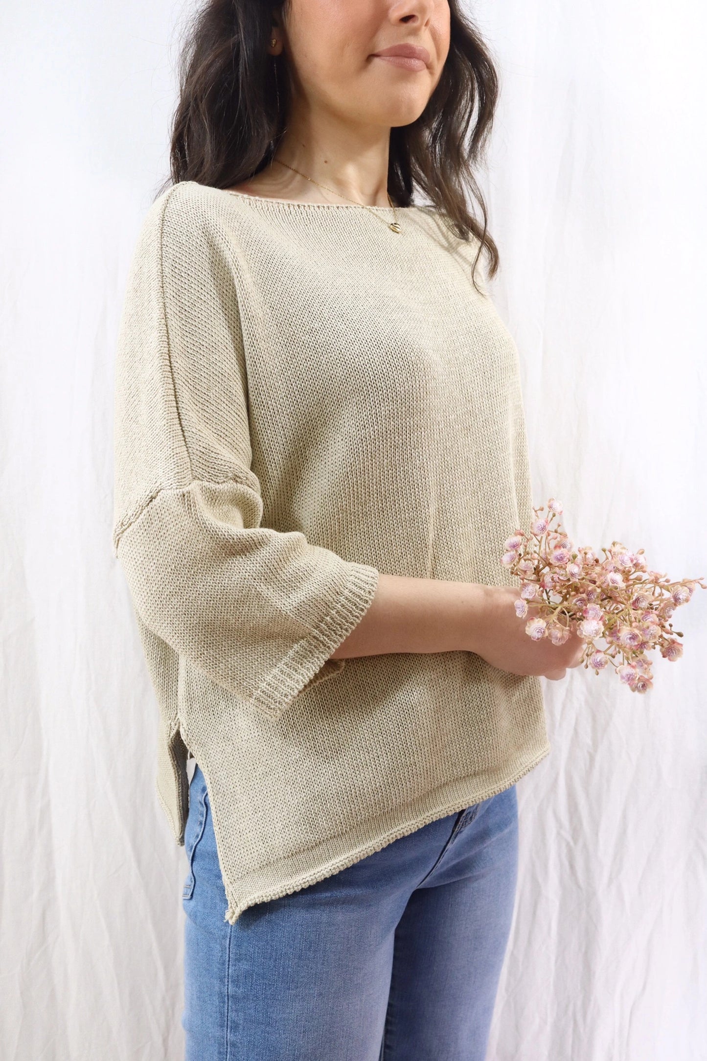 3/4-length-sleeve Cotton Sweater | Beige