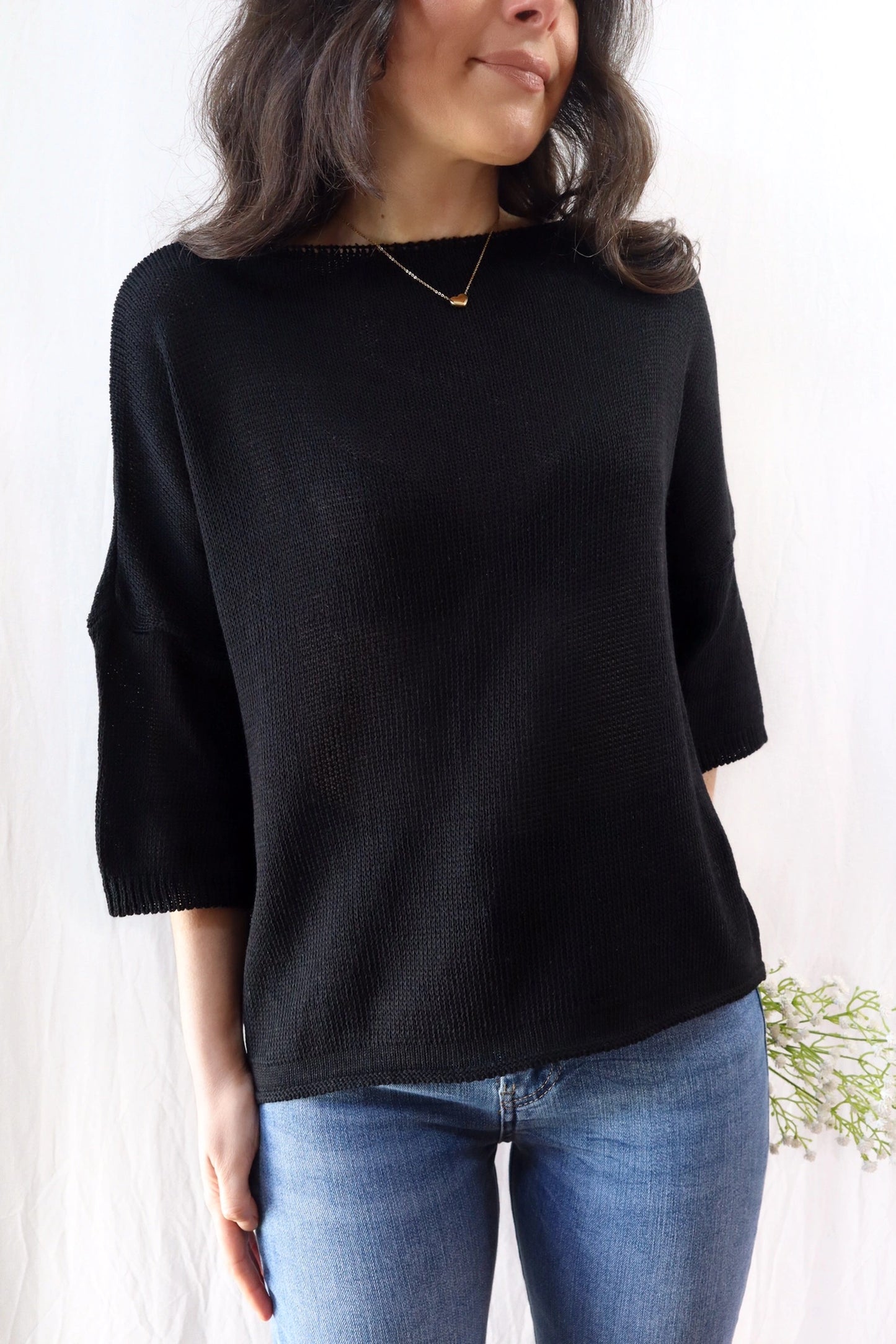 3/4-length-sleeve Cotton Sweater | Black