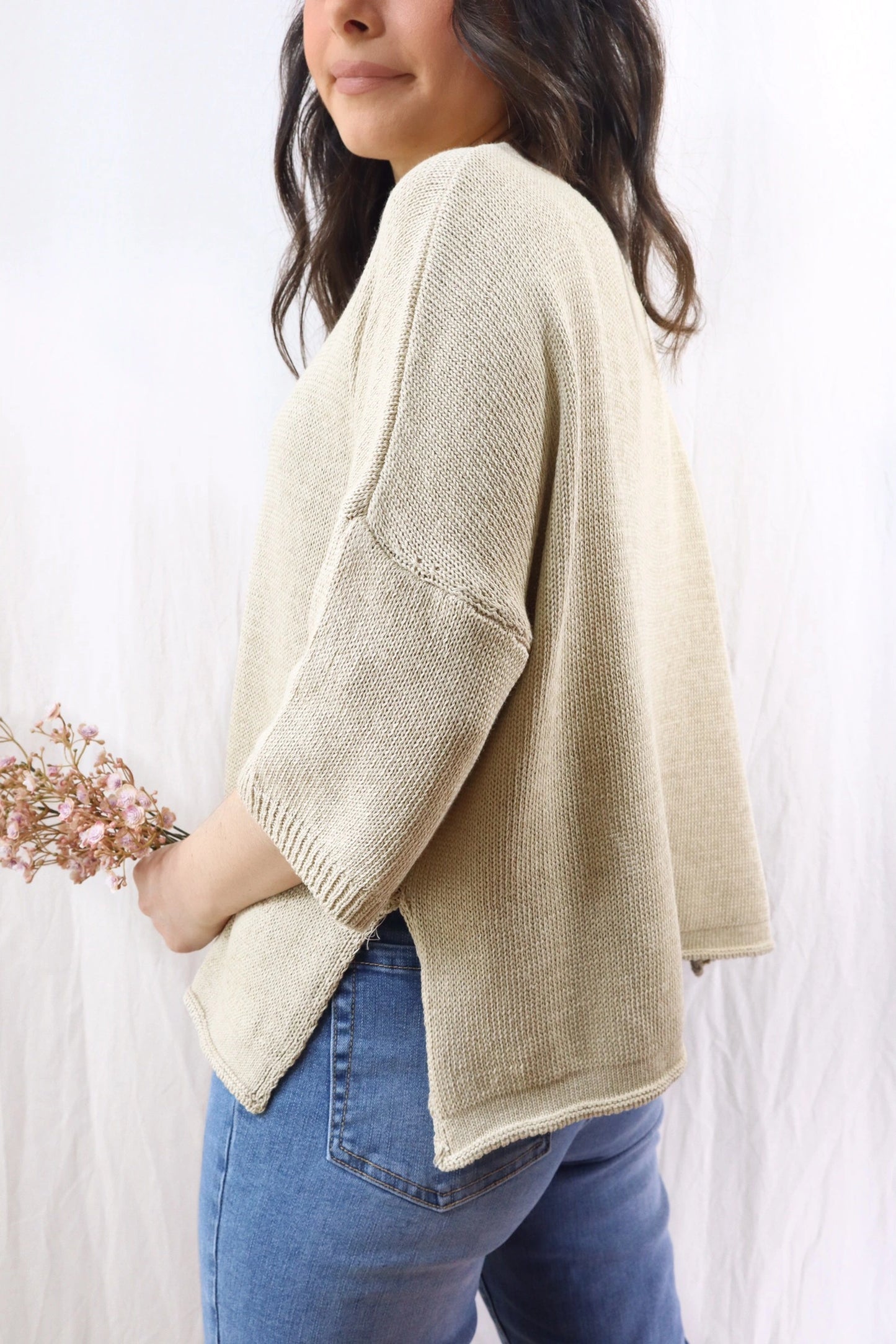 Maglia in Cotone con Maniche a Tre Quarti | Beige