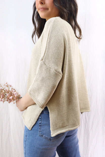 3/4-length-sleeve Cotton Sweater | Beige