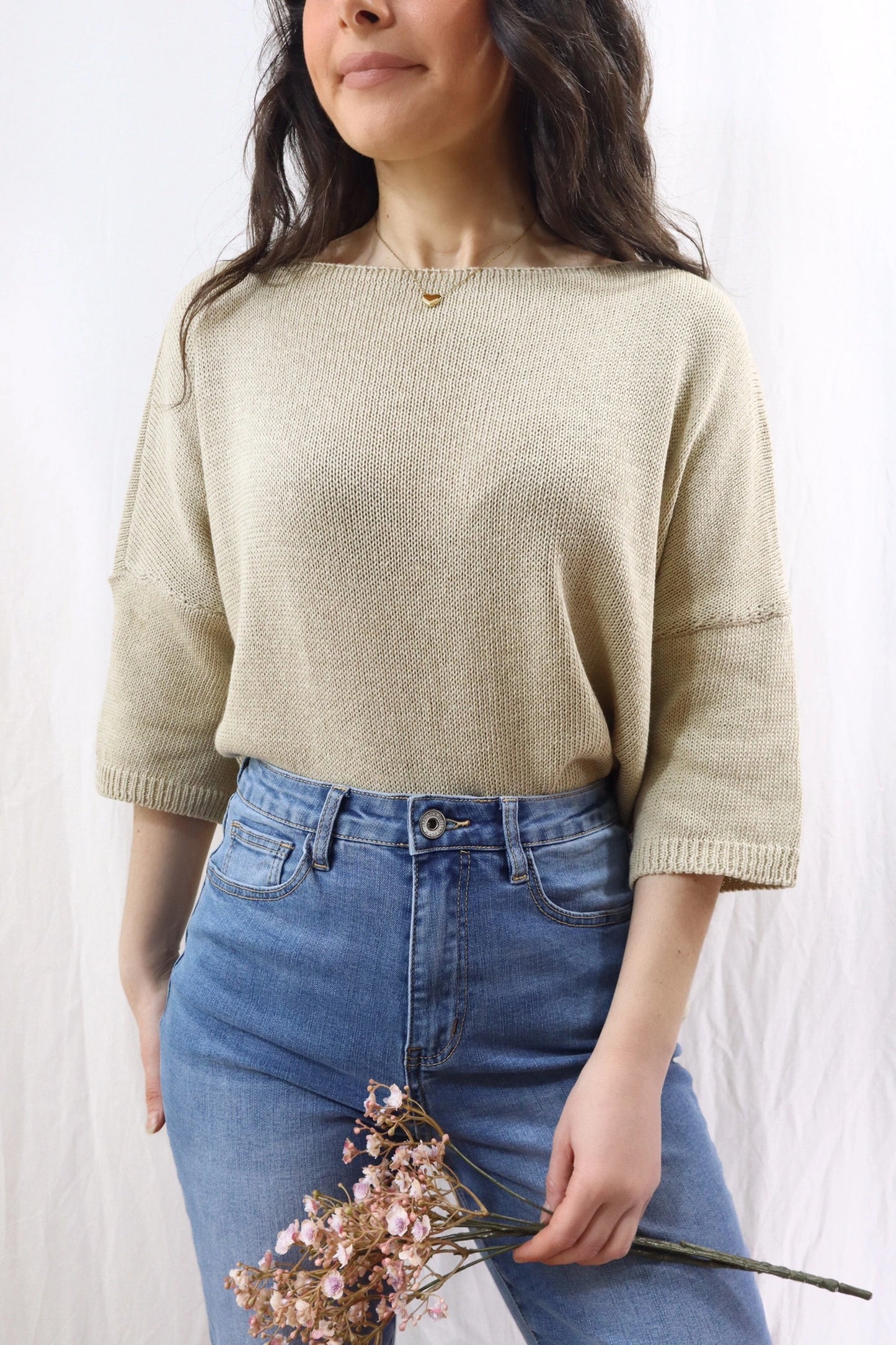 3/4-length-sleeve Cotton Sweater | Beige