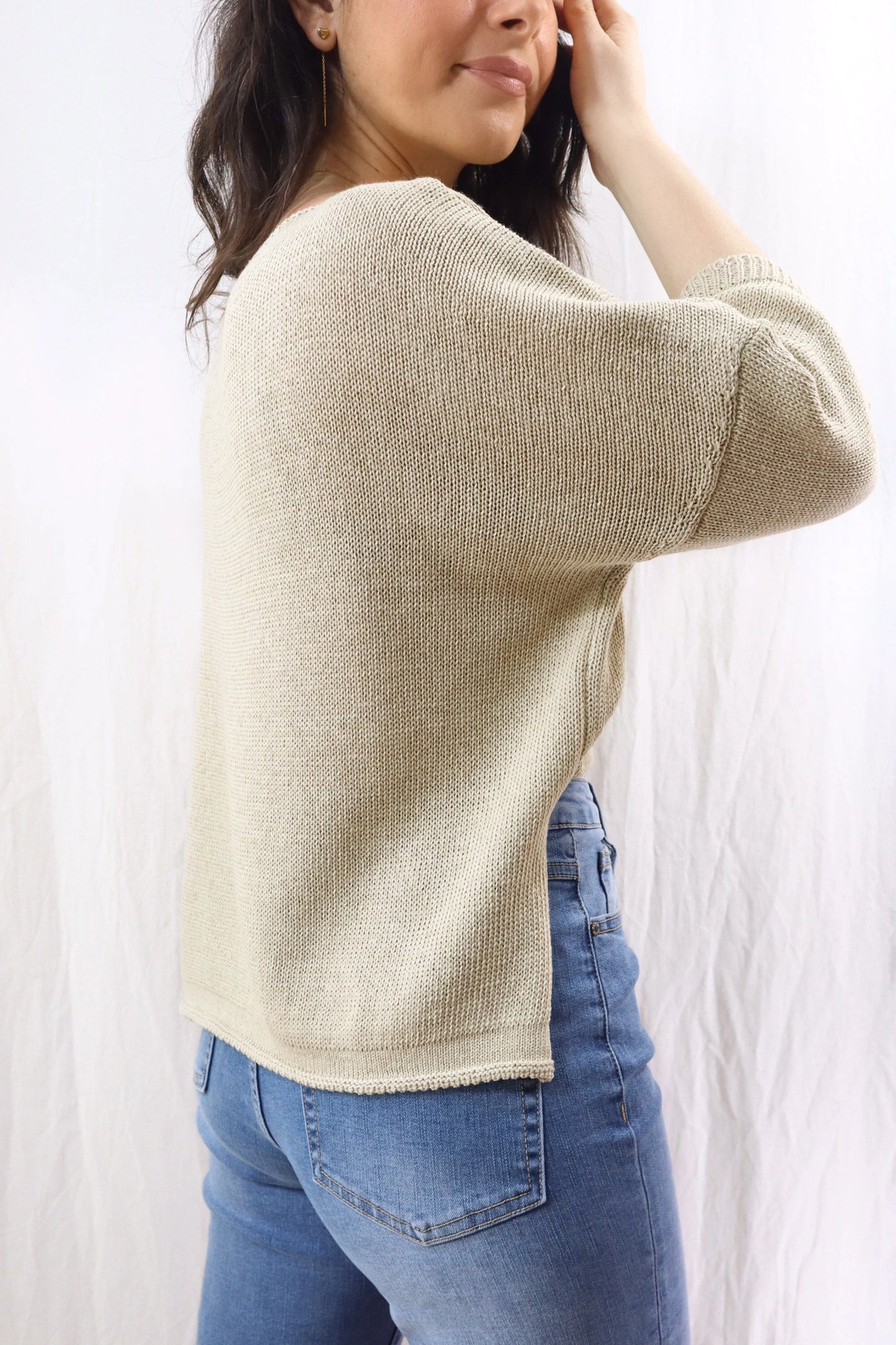 3/4-length-sleeve Cotton Sweater | Beige