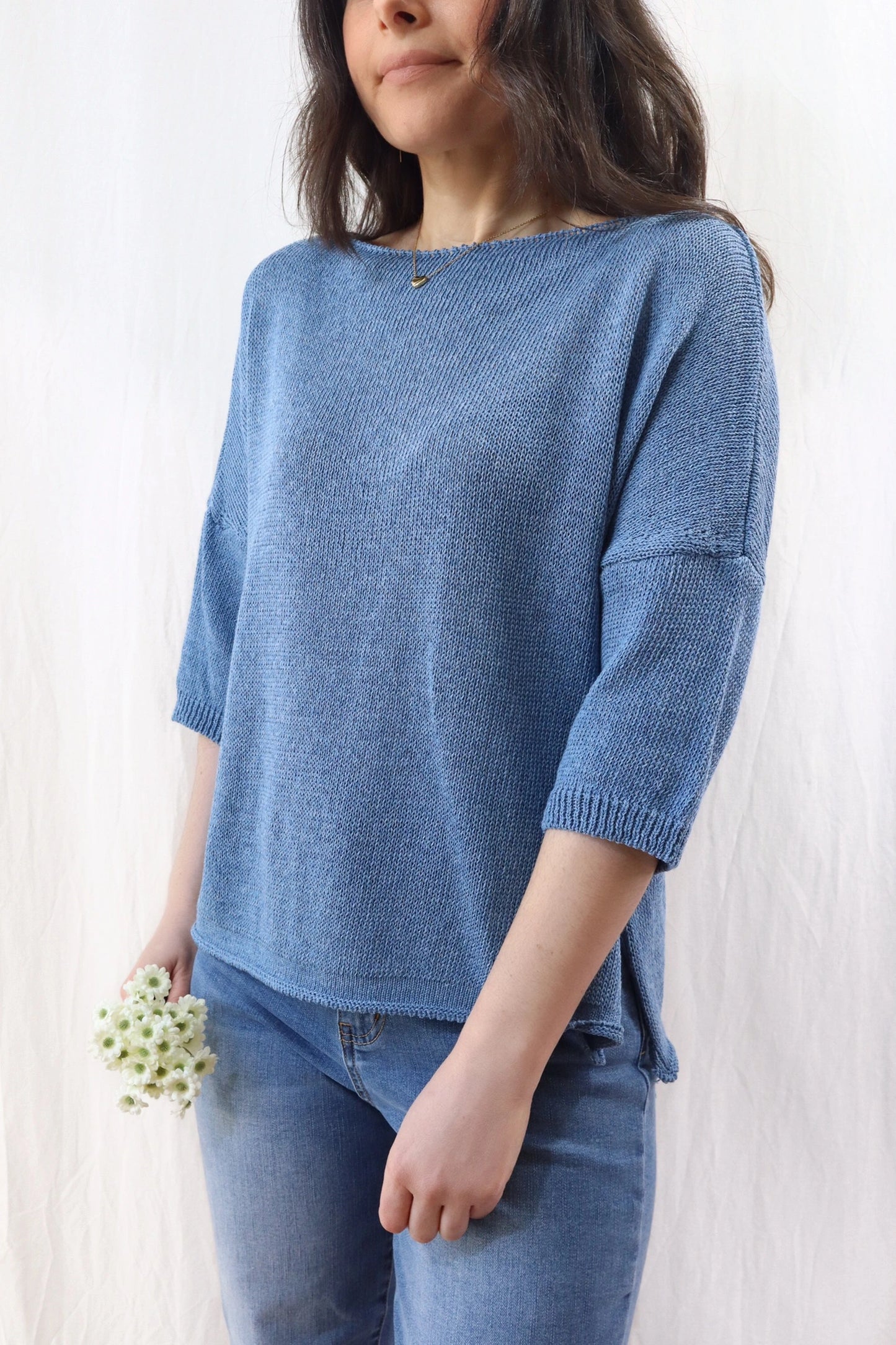 3/4-length-sleeve Cotton Sweater | Denim