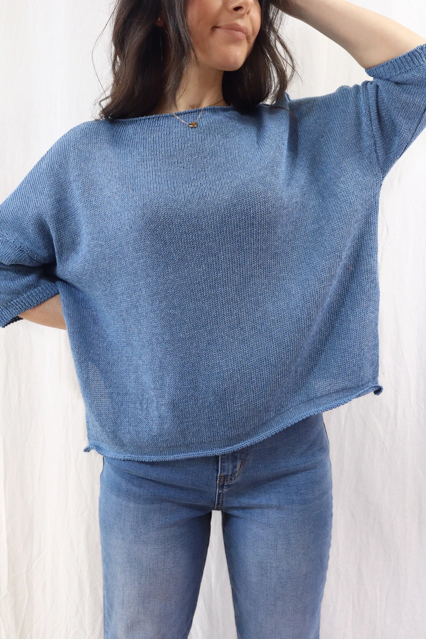 3/4-length-sleeve Cotton Sweater | Denim