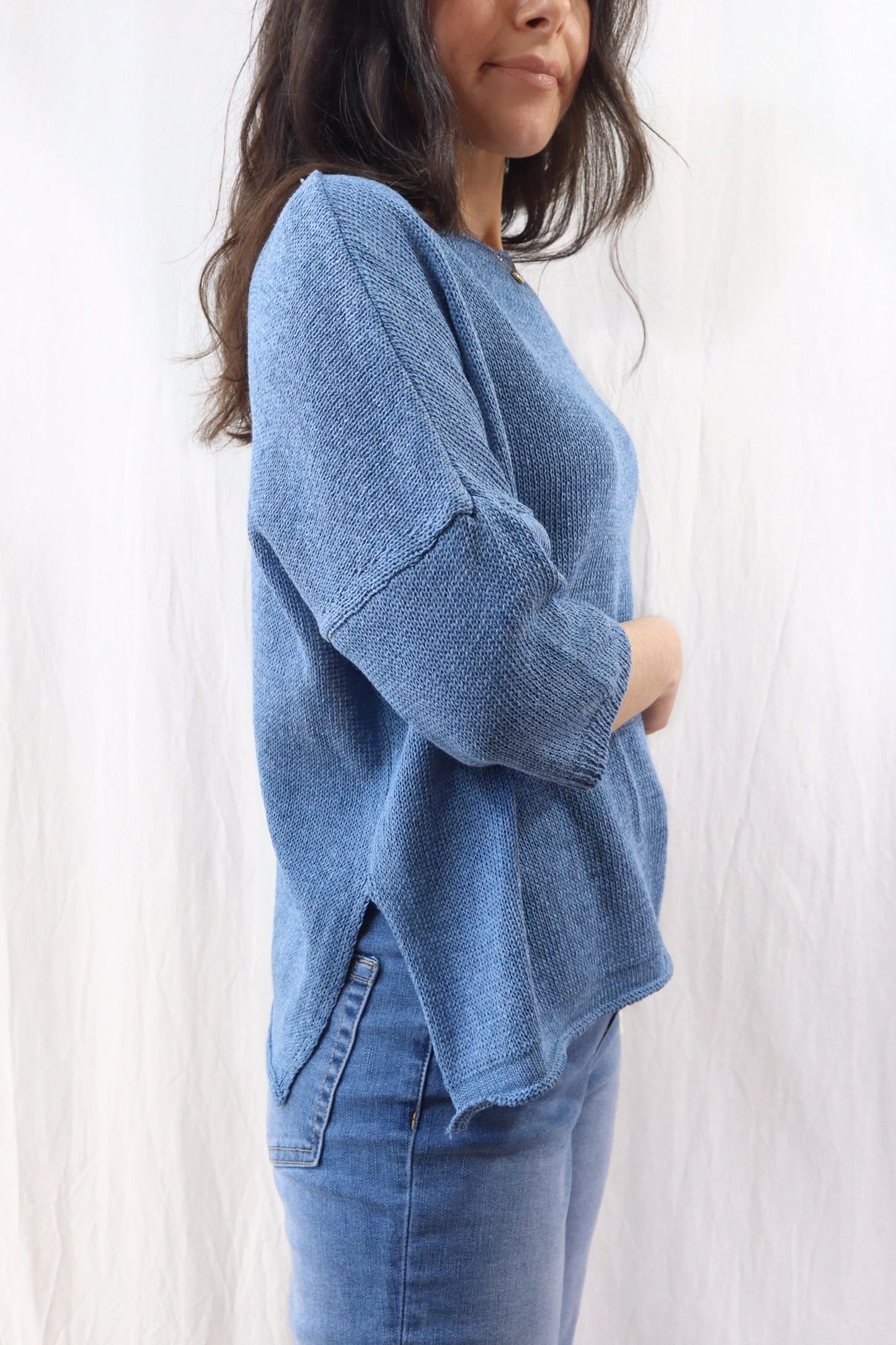 3/4-length-sleeve Cotton Sweater | Denim