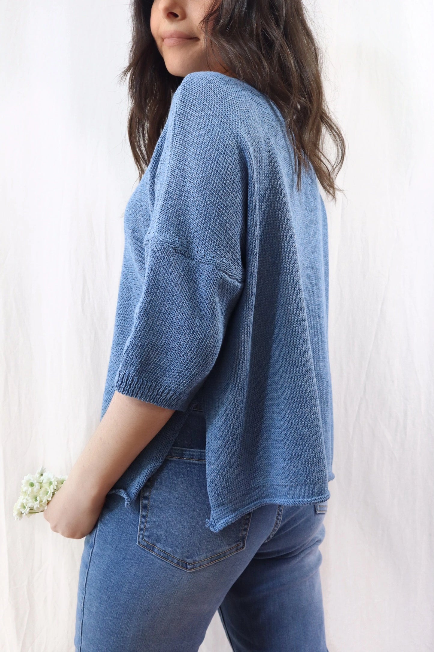 3/4-length-sleeve Cotton Sweater | Denim