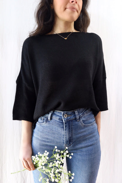 3/4-length-sleeve Cotton Sweater | Black