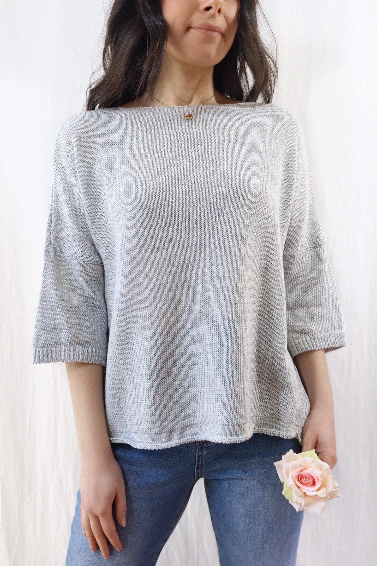 3/4-length-sleeve Cotton Sweater | Gray