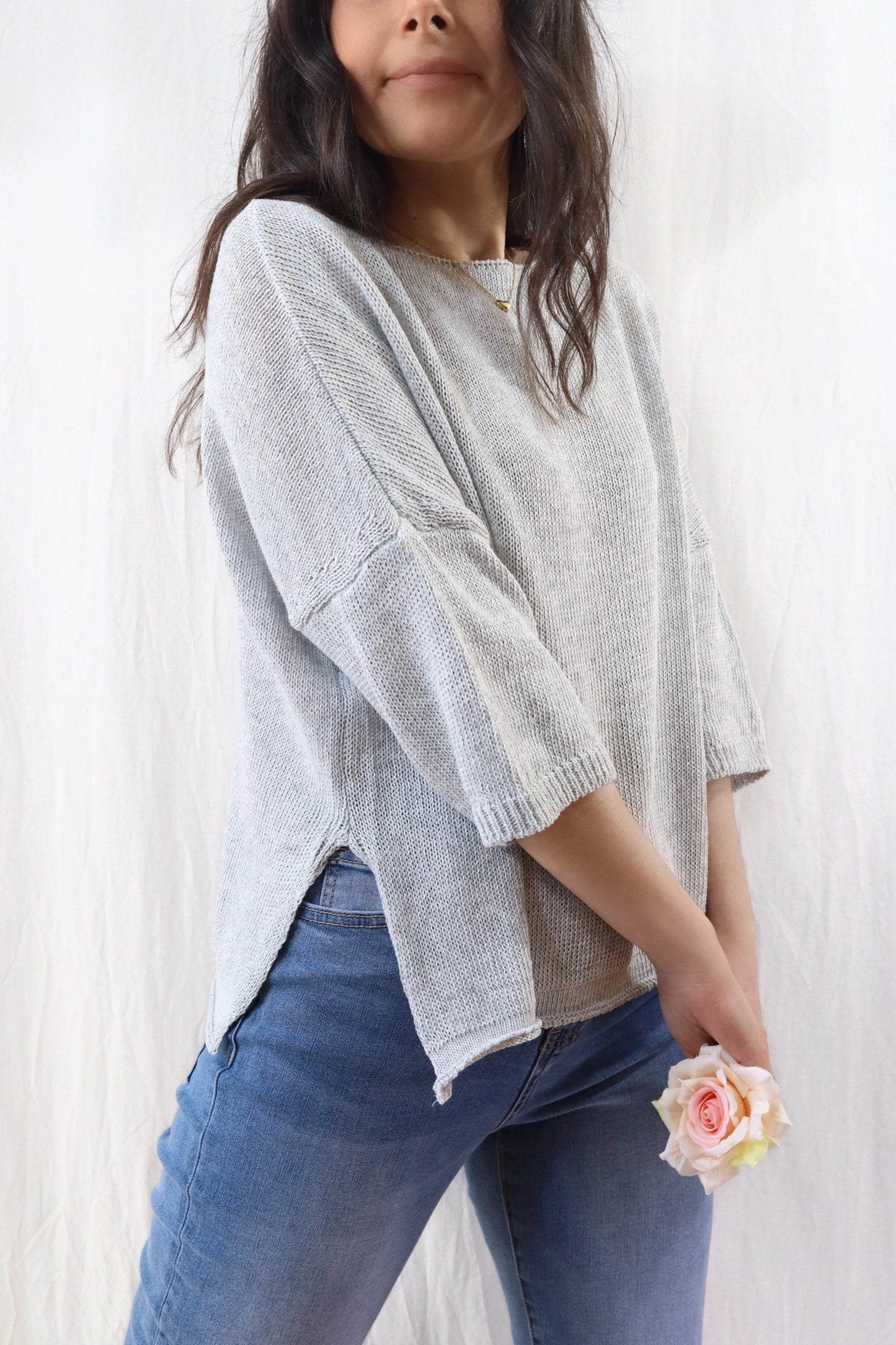 3/4-length-sleeve Cotton Sweater | Gray