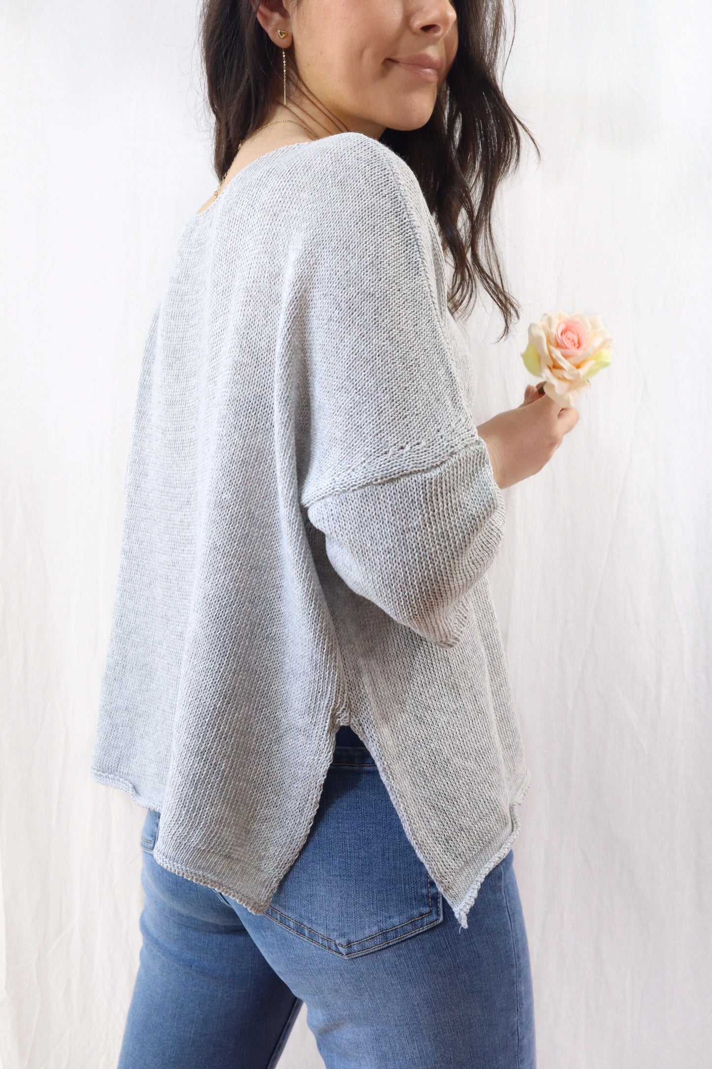 3/4-length-sleeve Cotton Sweater | Gray