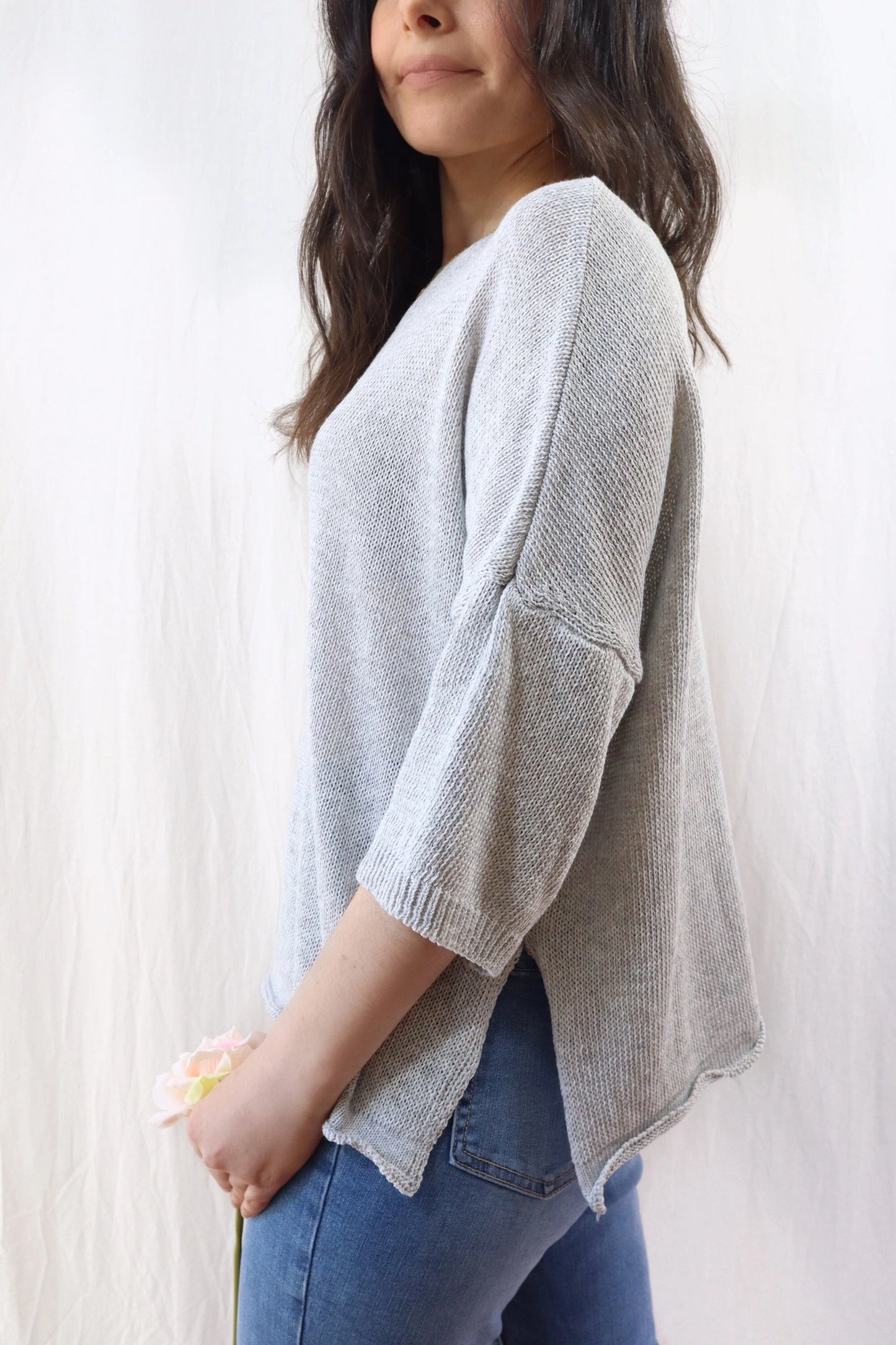 3/4-length-sleeve Cotton Sweater | Gray