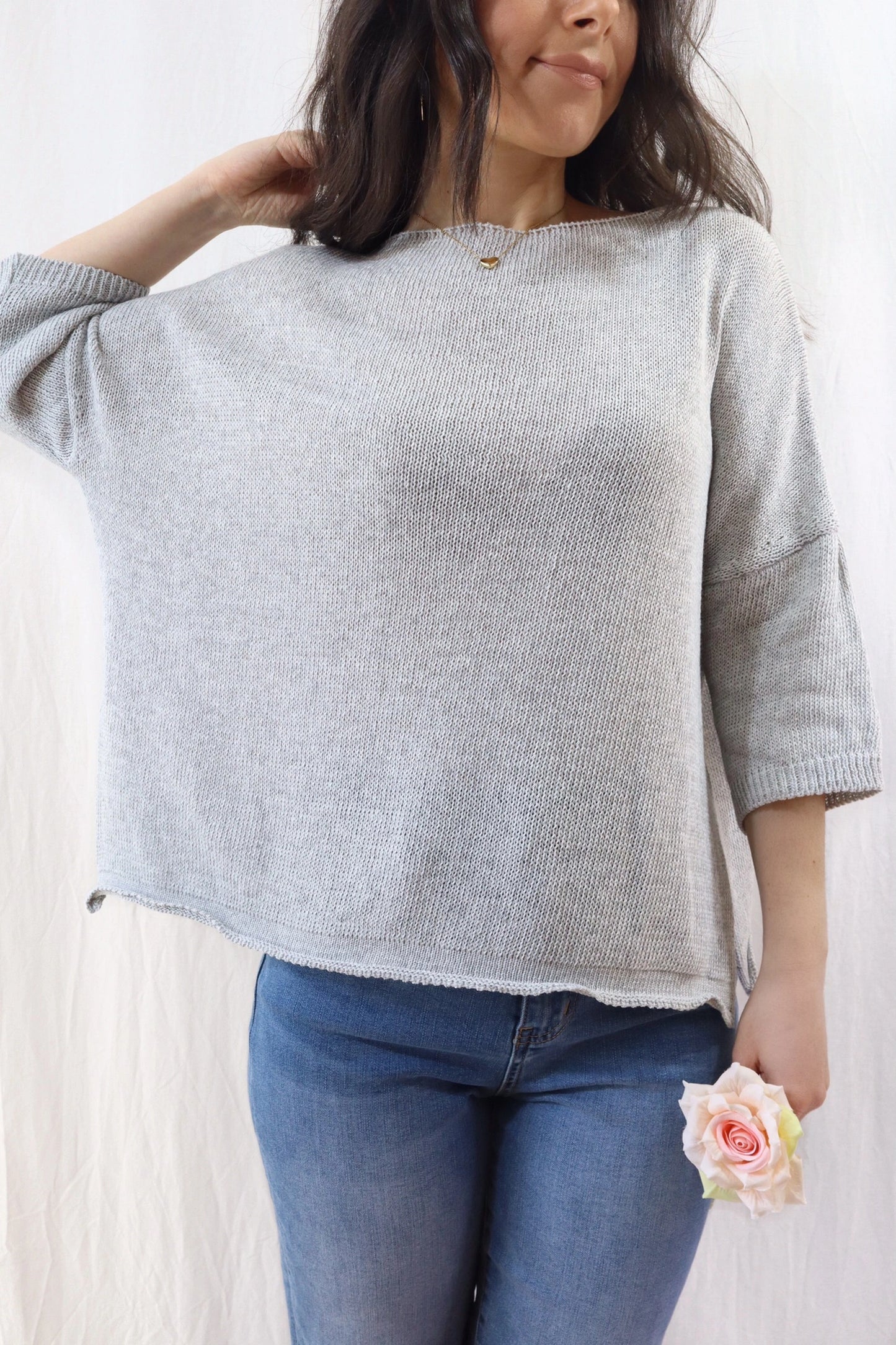 3/4-length-sleeve Cotton Sweater | Gray