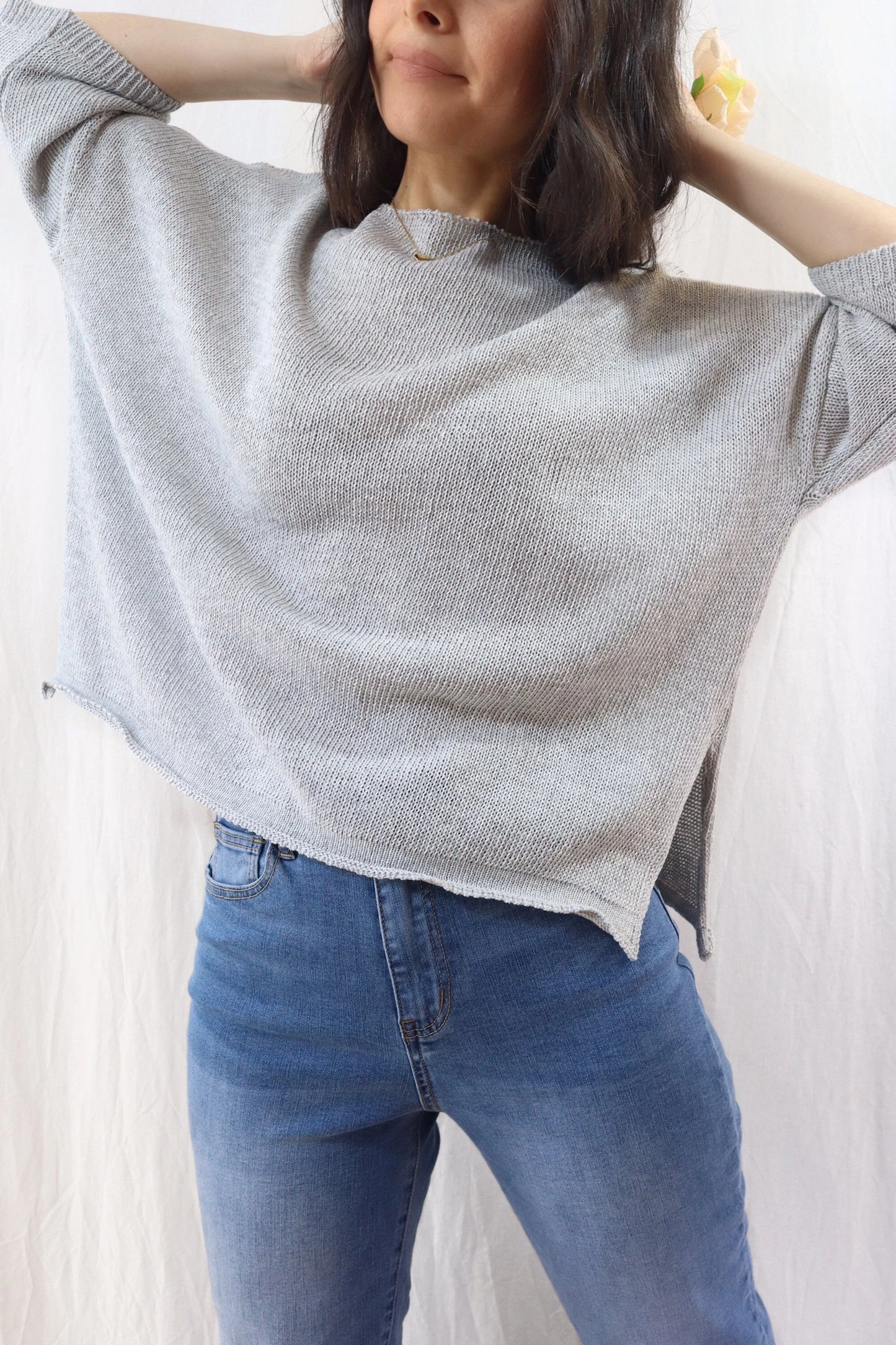 3/4-length-sleeve Cotton Sweater | Gray