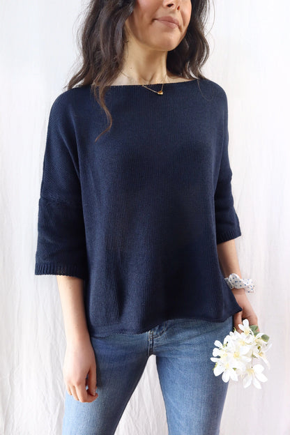 Maglia in Cotone con Maniche a Tre Quarti | Blu