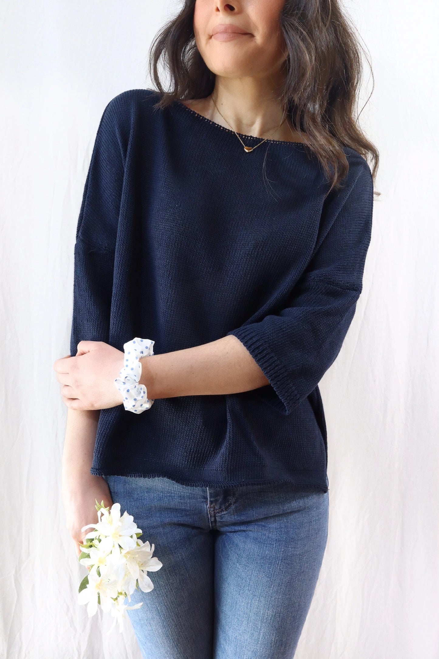 3/4-length-sleeve Cotton Sweater | Blue