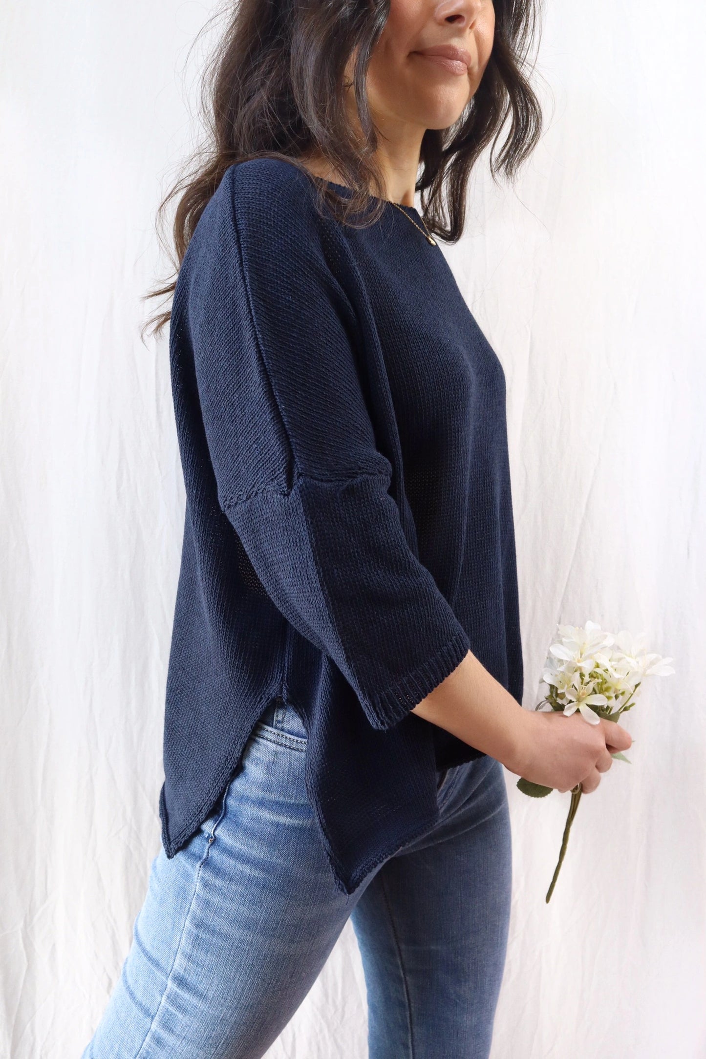 3/4-length-sleeve Cotton Sweater | Blue