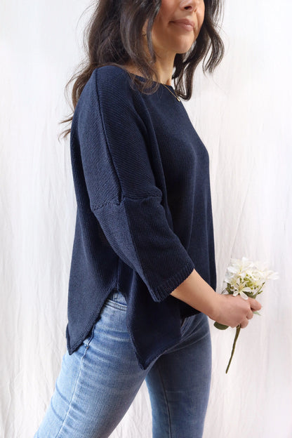 3/4-length-sleeve Cotton Sweater | Blue