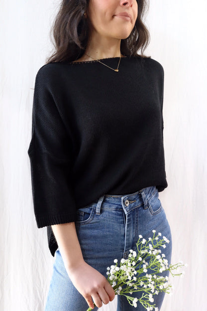 3/4-length-sleeve Cotton Sweater | Black