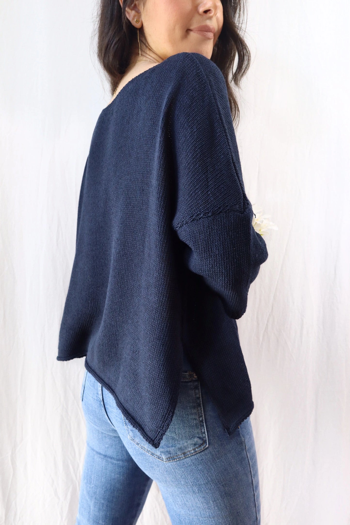 3/4-length-sleeve Cotton Sweater | Blue