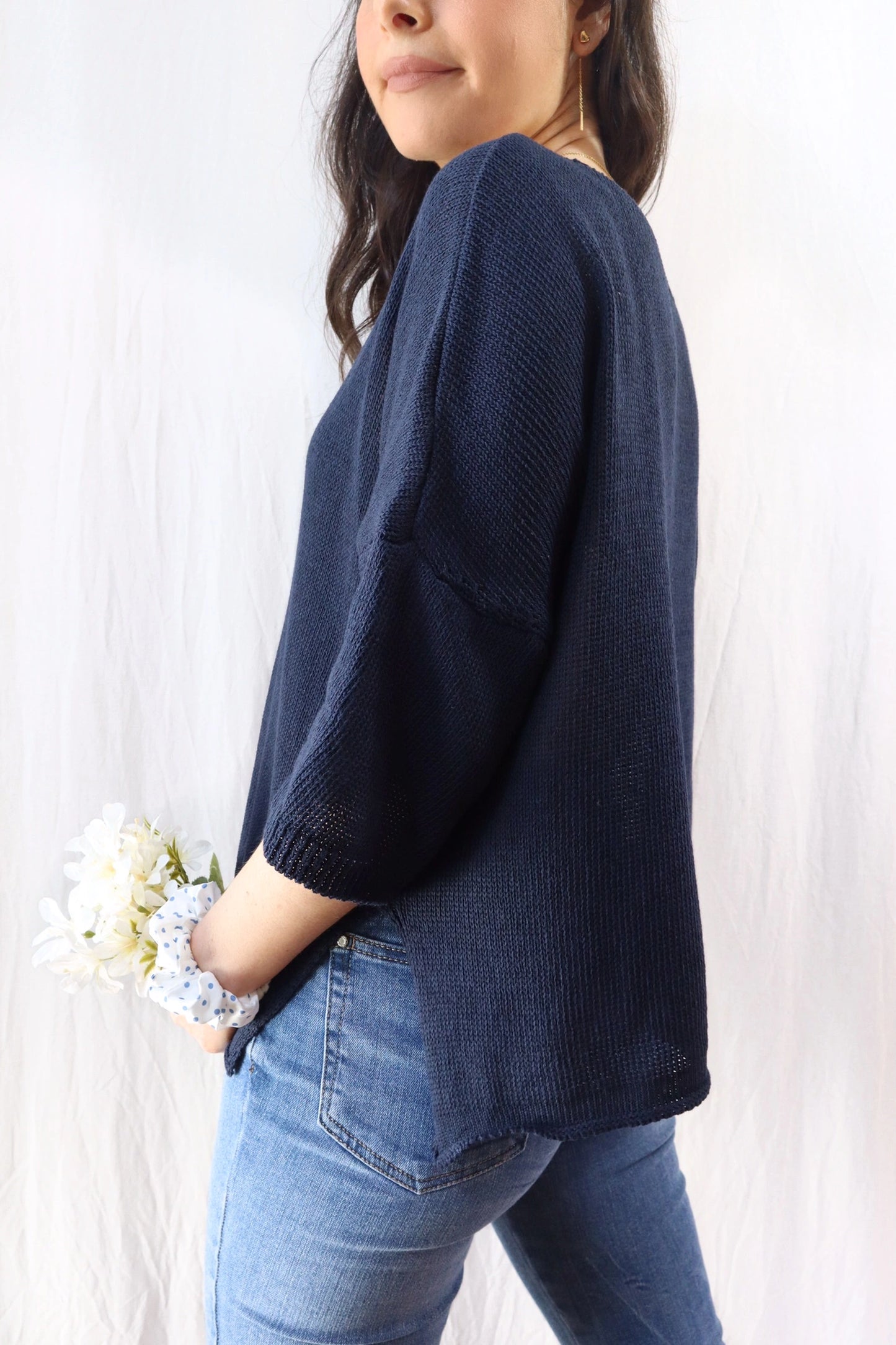 3/4-length-sleeve Cotton Sweater | Blue