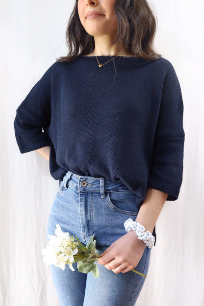 Maglia in Cotone con Maniche a Tre Quarti | Blu