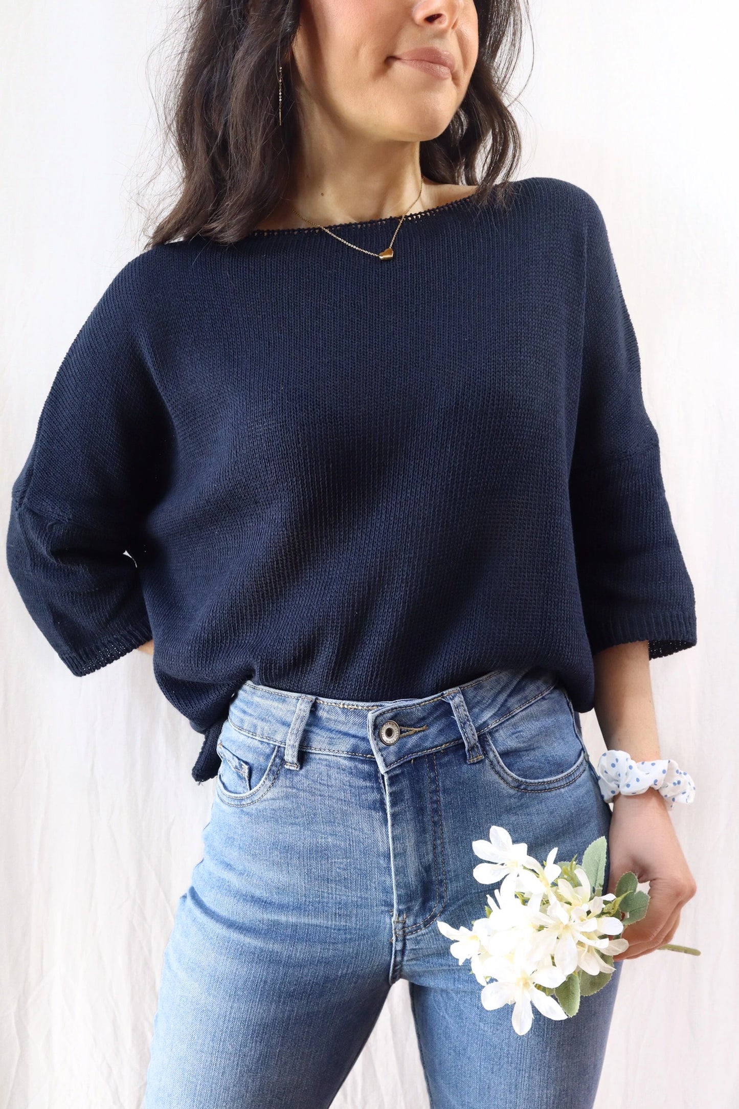 3/4-length-sleeve Cotton Sweater | Blue