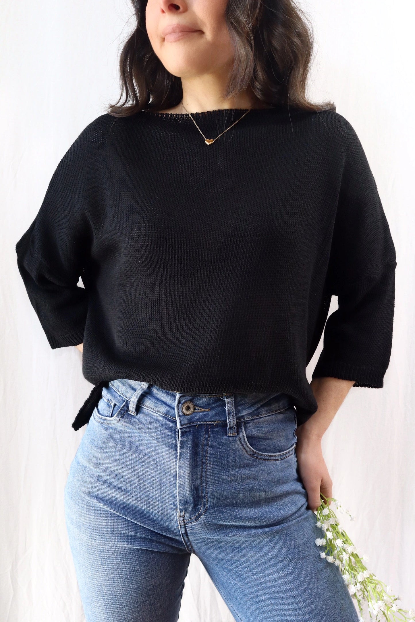 3/4-length-sleeve Cotton Sweater | Black