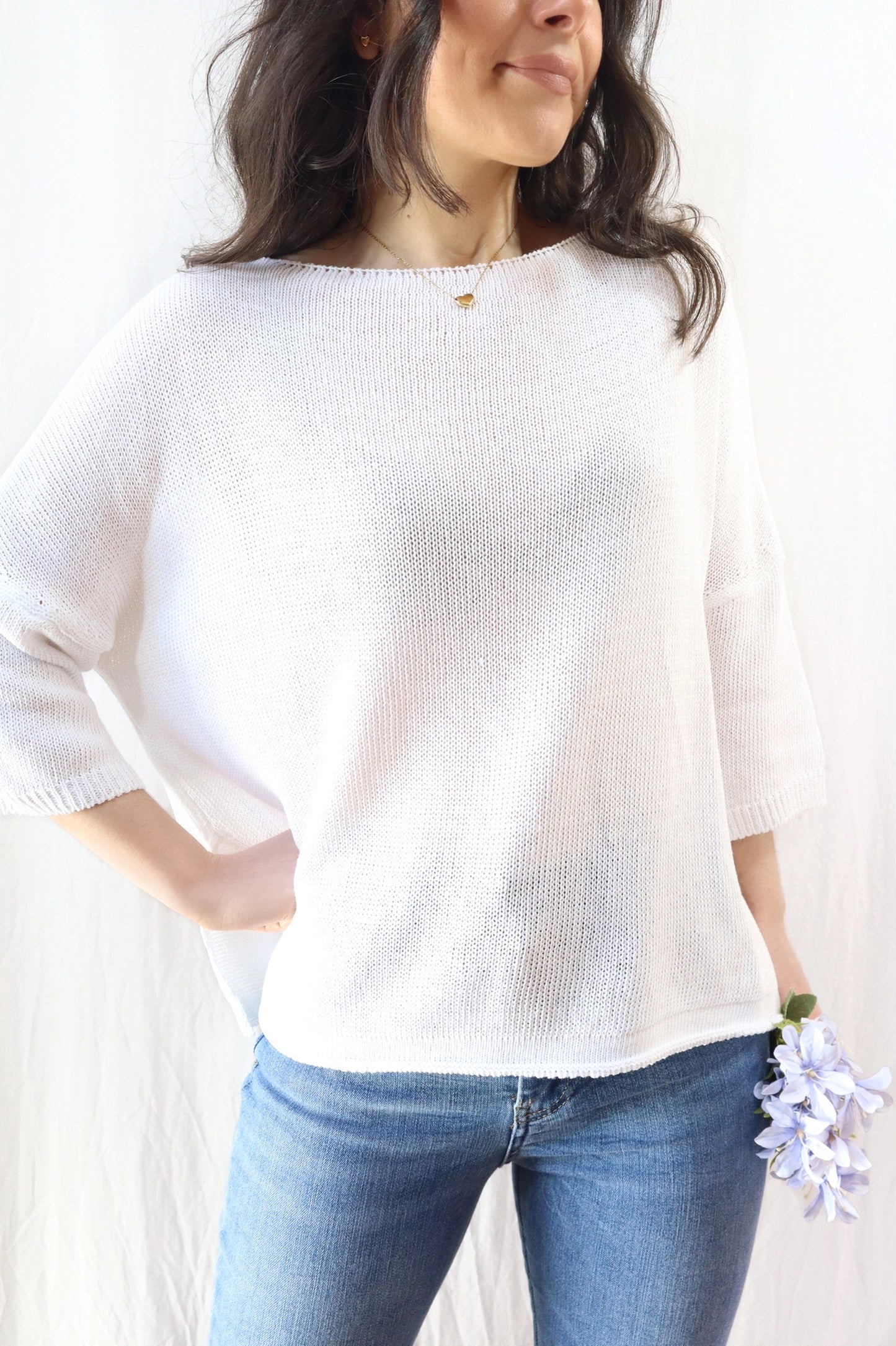 3/4-length-sleeve Cotton Sweater | White