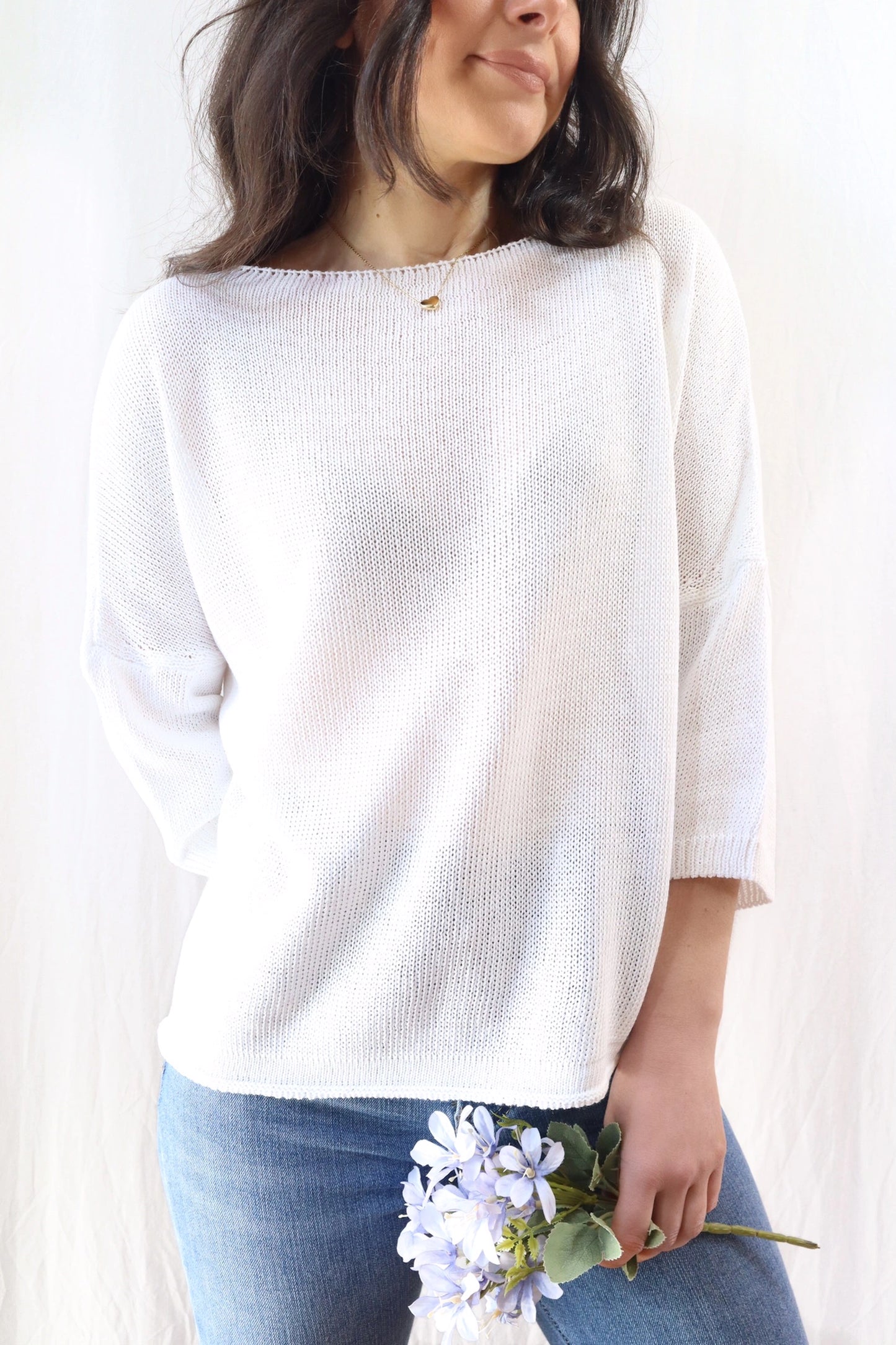 3/4-length-sleeve Cotton Sweater | White